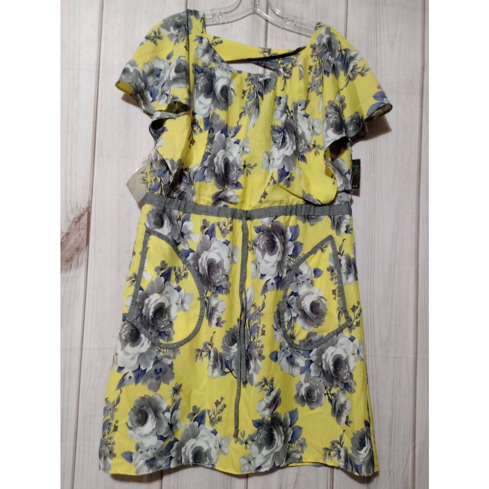 Gabby Skye Yellow Grey Floral Ruffle Pocket Fit Flare Dress Lord & Taylor Size 4